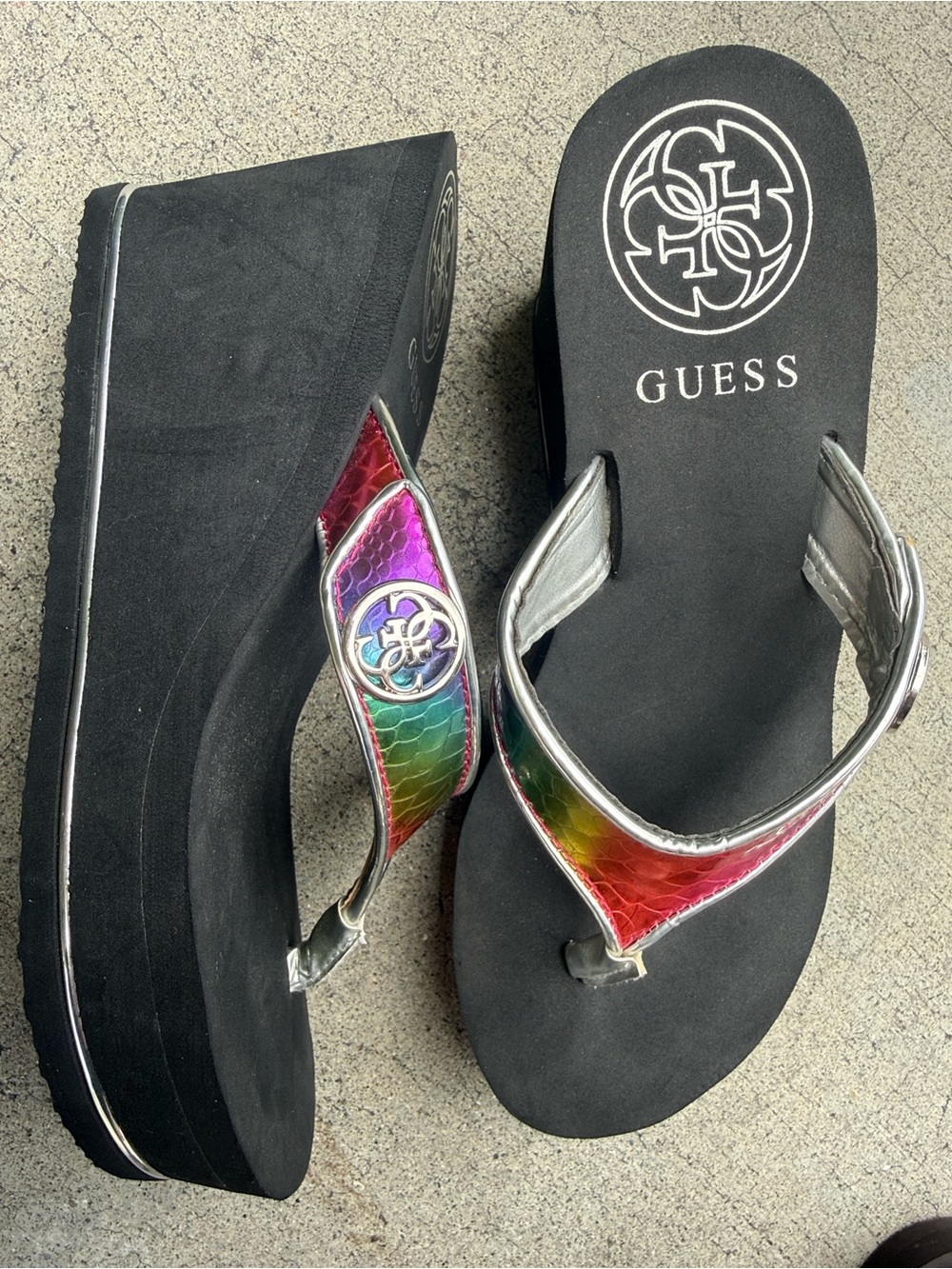 GUESS Black Platform Sandals with Iridescent Rainbow Straps